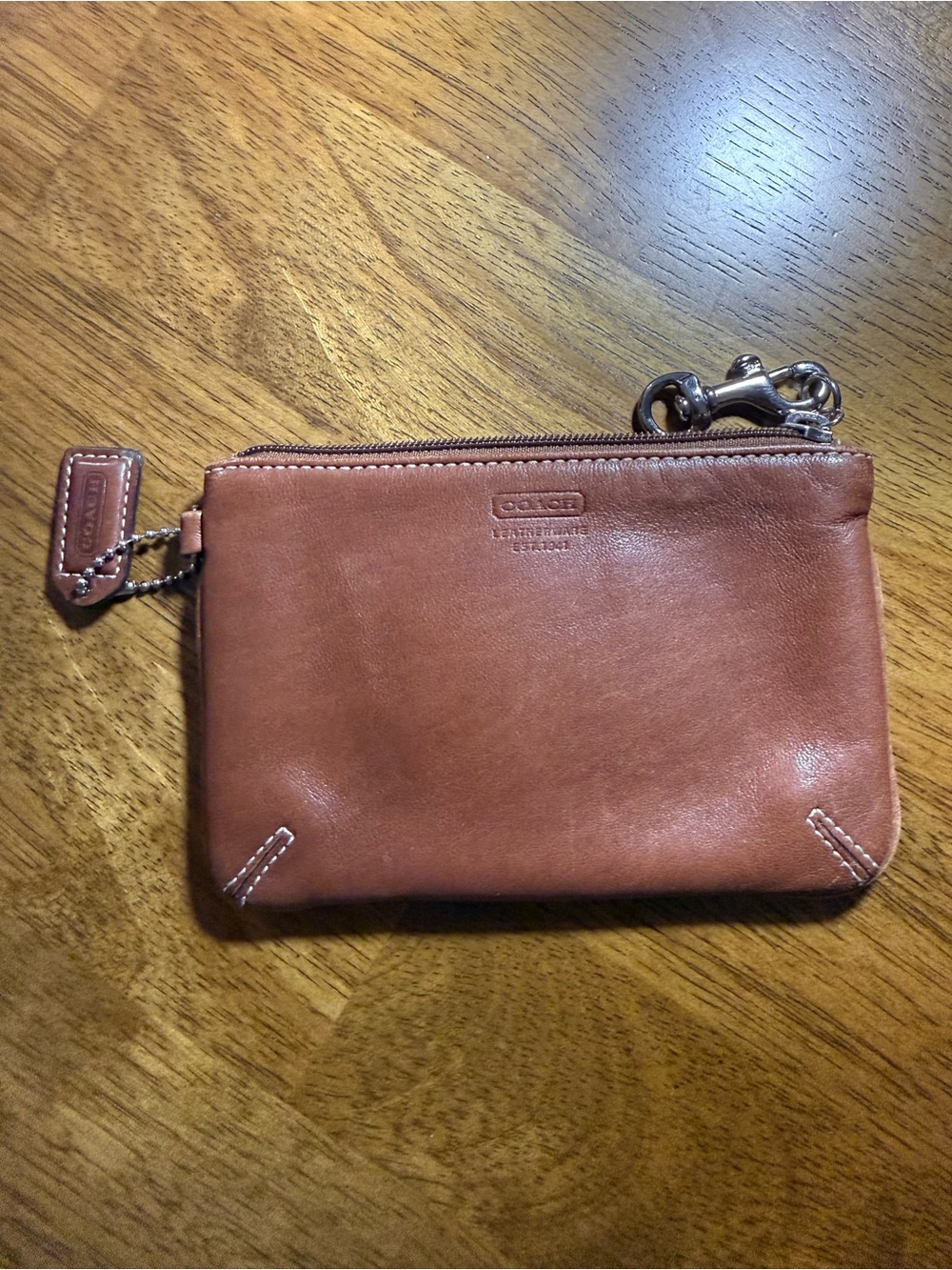 Coach Tan Leather Key Pouch with Metal Clip